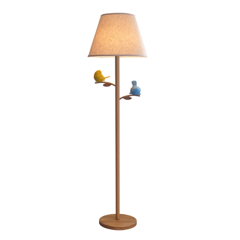 Rustic Wood Conical Shade Task Floor Lamp - 1 Light Living Room With Branch And Bird Design