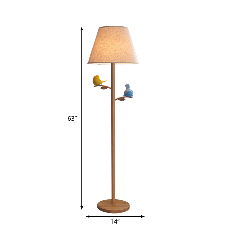 Rustic Wood Conical Shade Task Floor Lamp - 1 Light Living Room With Branch And Bird Design