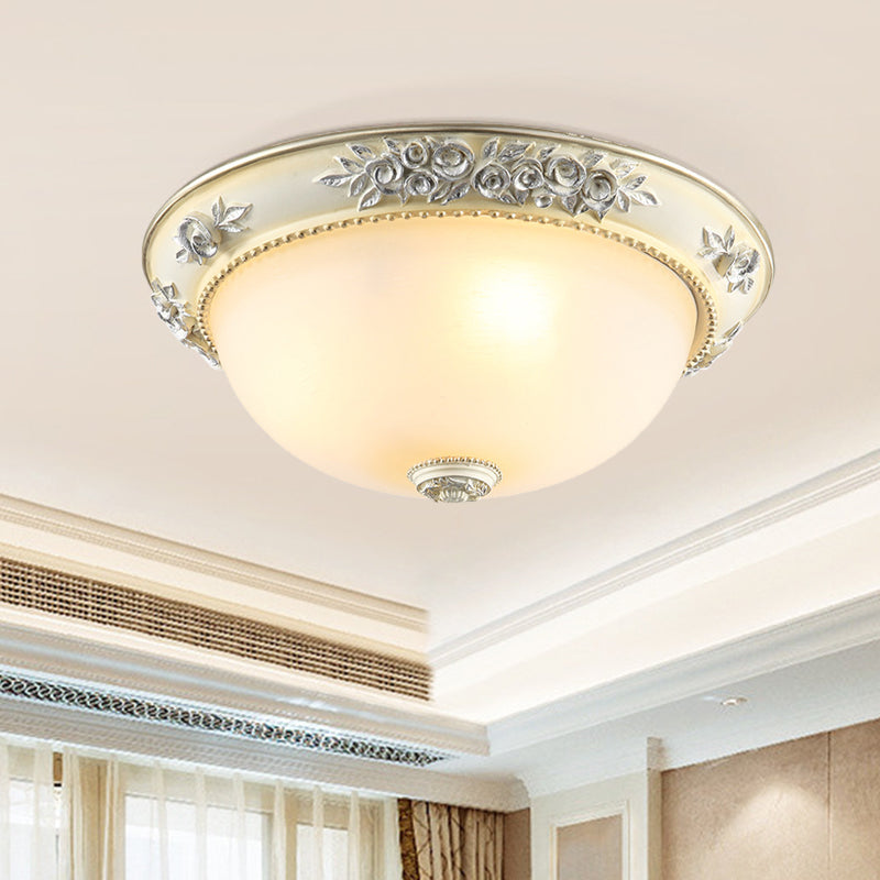 Traditional Style Flush Mount Light, Dome Shaped Glass, White, Close to Ceiling Lamp - 2/3 Lights, 12"/15"/19" Width