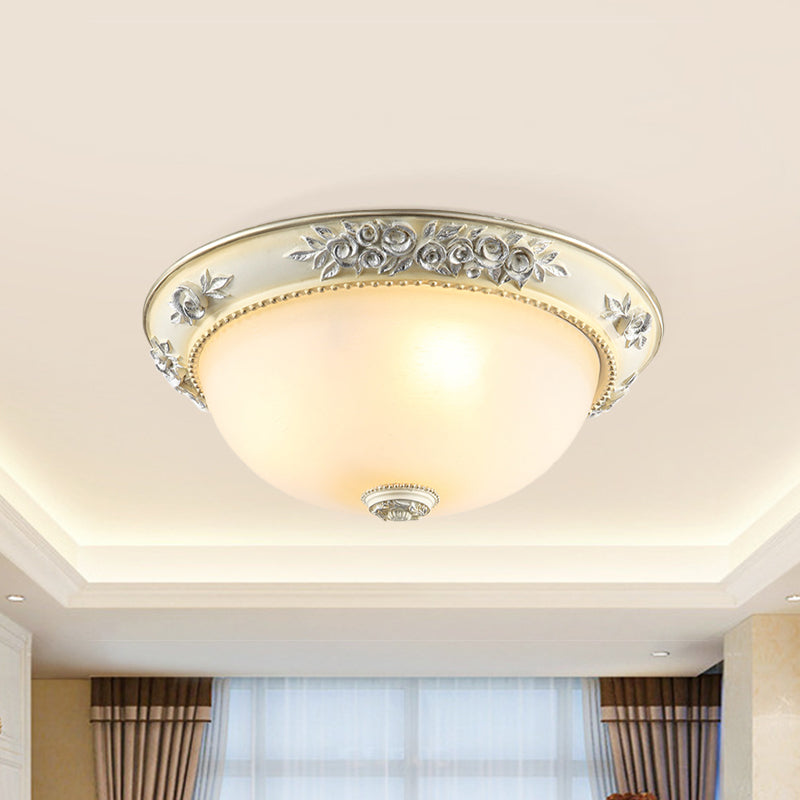 Traditional Style Flush Mount Light, Dome Shaped Glass, White, Close to Ceiling Lamp - 2/3 Lights, 12"/15"/19" Width
