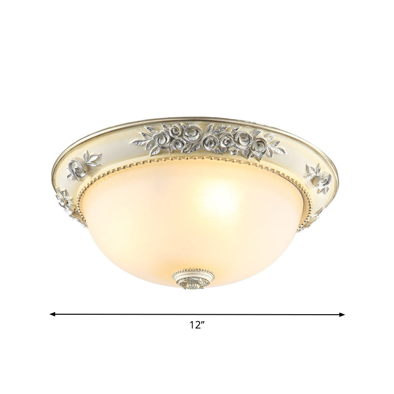Traditional Style Flush Mount Light, Dome Shaped Glass, White, Close to Ceiling Lamp - 2/3 Lights, 12"/15"/19" Width