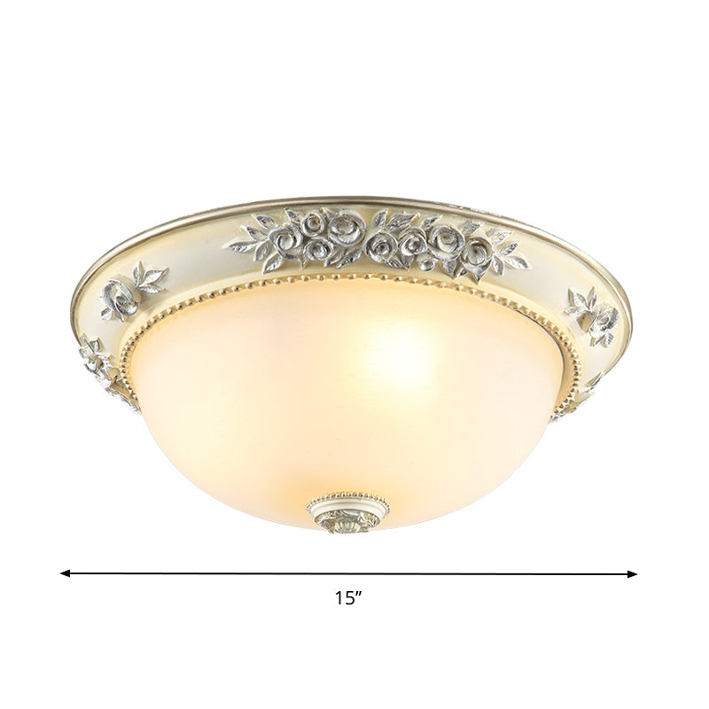 Traditional Style Flush Mount Light, Dome Shaped Glass, White, Close to Ceiling Lamp - 2/3 Lights, 12"/15"/19" Width
