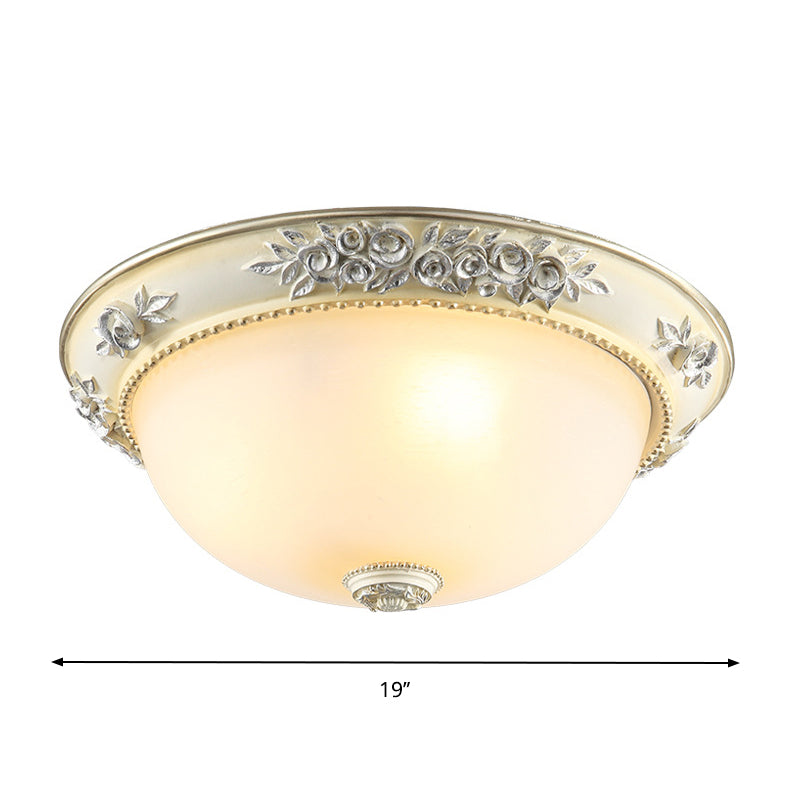 Traditional Style Flush Mount Light, Dome Shaped Glass, White, Close to Ceiling Lamp - 2/3 Lights, 12"/15"/19" Width