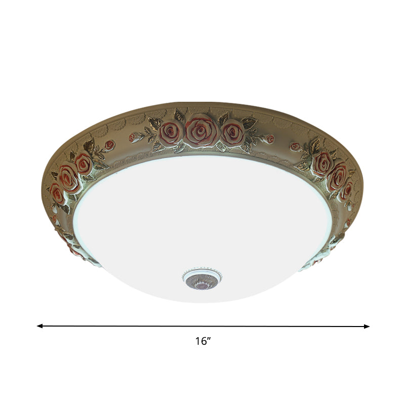 Floral Accent LED Vintage Flush-Mount Ceiling Light Fixture - White Glass, 12"/16"/19.5" Wide