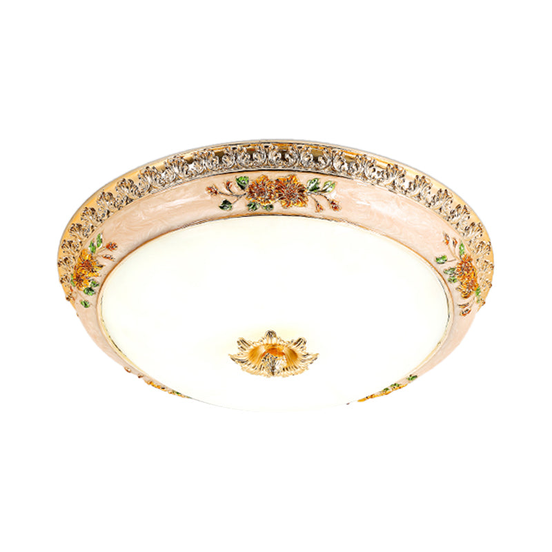 Gold Domed Ceiling Flush LED Bedroom Light with Carved Flower - Traditional Opaque Glass, 3 Width Options
