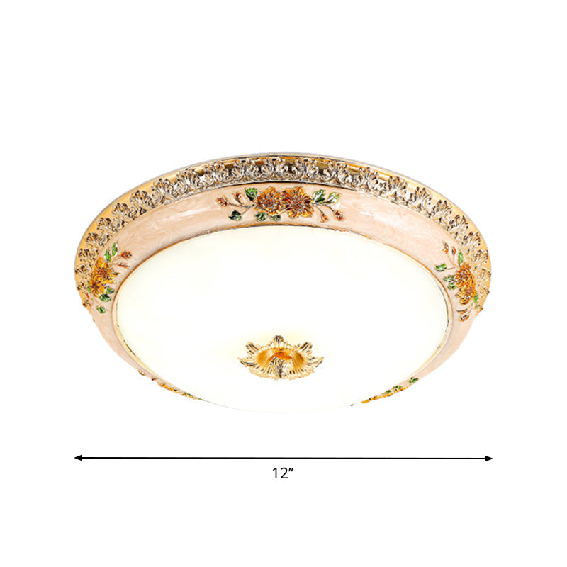 Gold Domed Ceiling Flush LED Bedroom Light with Carved Flower - Traditional Opaque Glass, 3 Width Options
