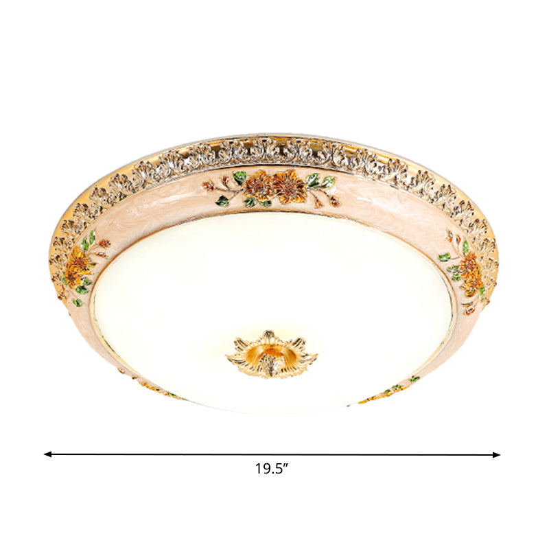 Gold Domed Ceiling Flush LED Bedroom Light with Carved Flower - Traditional Opaque Glass, 3 Width Options