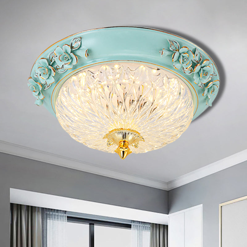 Retro Style LED Flush Ceiling Lamp in Blue for Dining Room - Bowl Up Design, Clear Glass, 11"/15" W