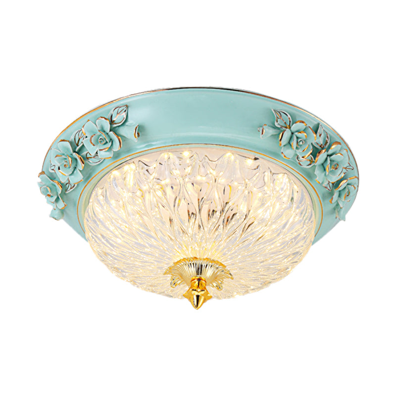 Retro Style LED Flush Ceiling Lamp in Blue for Dining Room - Bowl Up Design, Clear Glass, 11"/15" W