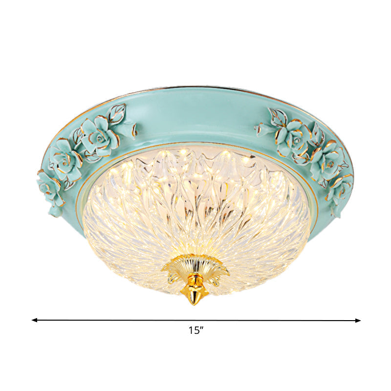Retro Style LED Flush Ceiling Lamp in Blue for Dining Room - Bowl Up Design, Clear Glass, 11"/15" W