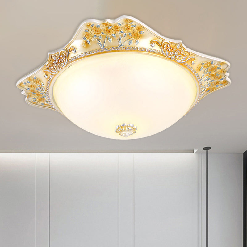 Vintage Yellow Opaline Glass Dome Flush Mount Light With Floral Accent Available In 3 Sizes: 12 16