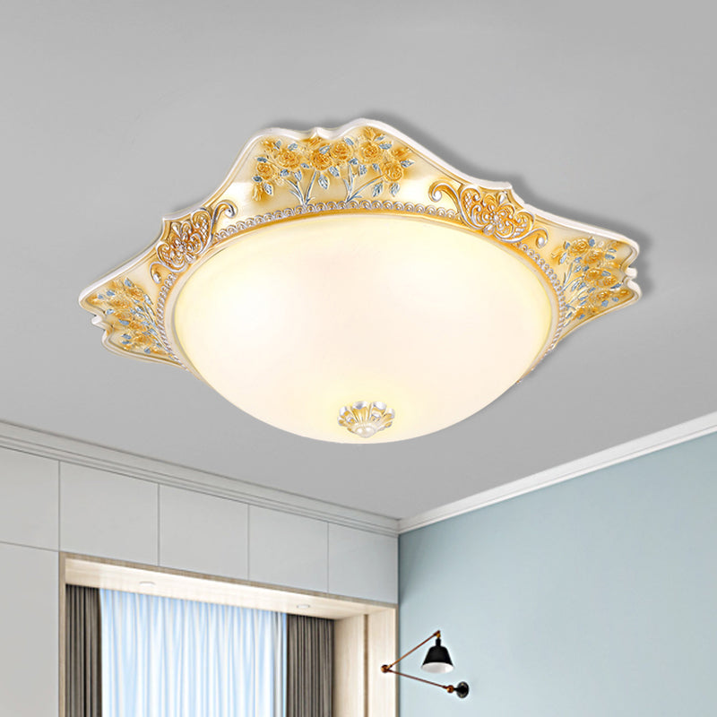 Vintage Yellow Opaline Glass Dome Flush Mount Light with Floral Accent, Available in 3 Sizes: 12", 16", 19.5