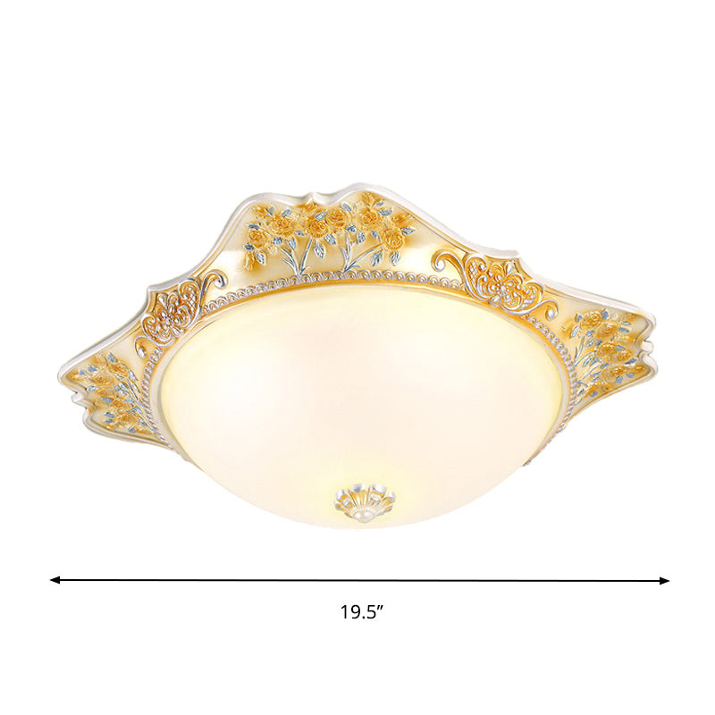 Vintage Yellow Opaline Glass Dome Flush Mount Light with Floral Accent, Available in 3 Sizes: 12", 16", 19.5