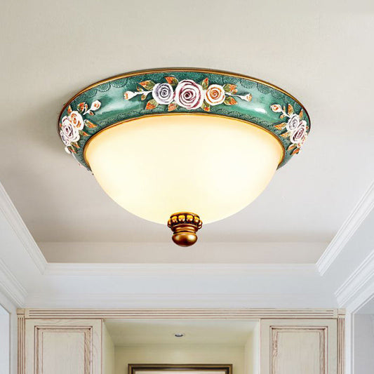Retro Resin Flush Mount Light Fixture - Green Floral Design with Dome Shade - 3-Light Bedroom Ceiling Lighting