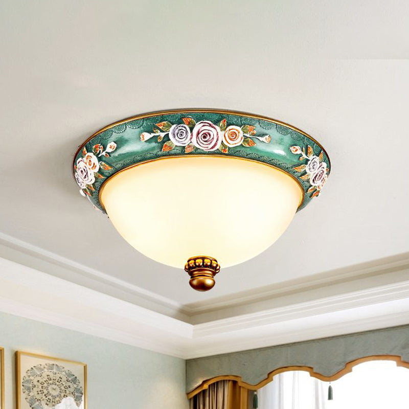 Retro Resin Flush Mount Light Fixture - Green Floral Design with Dome Shade - 3-Light Bedroom Ceiling Lighting