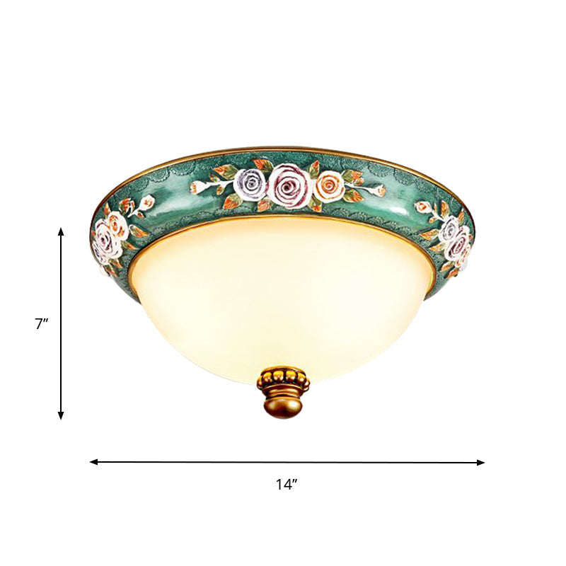 Retro Resin Flush Mount Light Fixture - Green Floral Design with Dome Shade - 3-Light Bedroom Ceiling Lighting