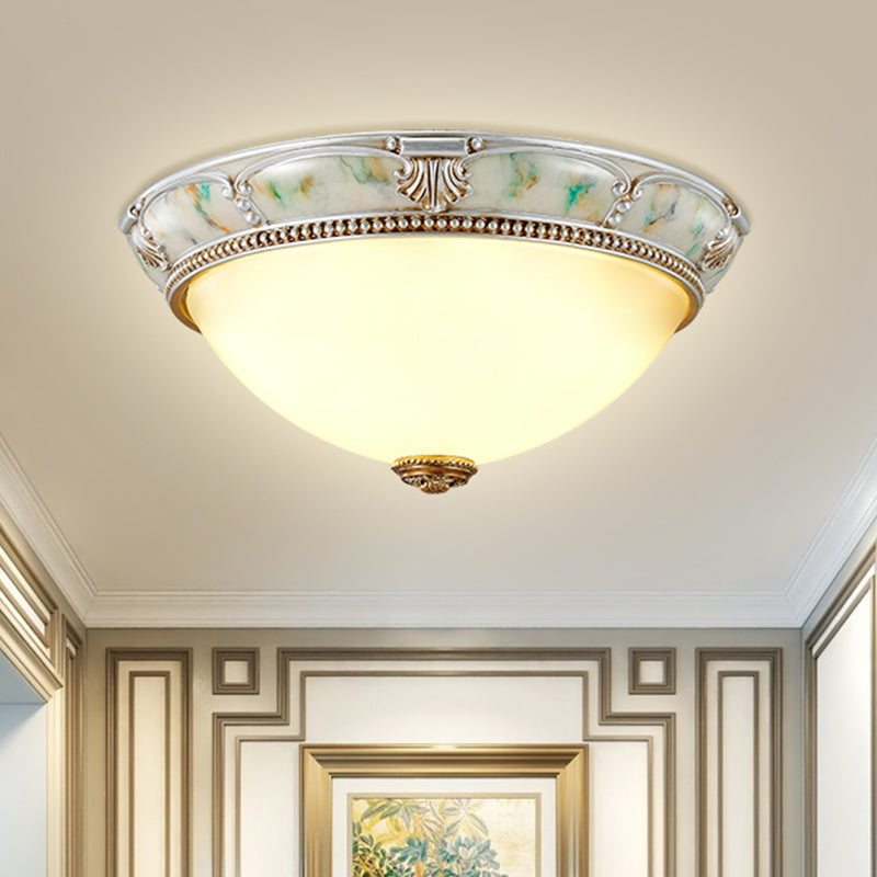 Ivory Glass Flushmount Traditional Corridor Light - 1 Head, Silver Dome, 11"/15"/19" Diameter