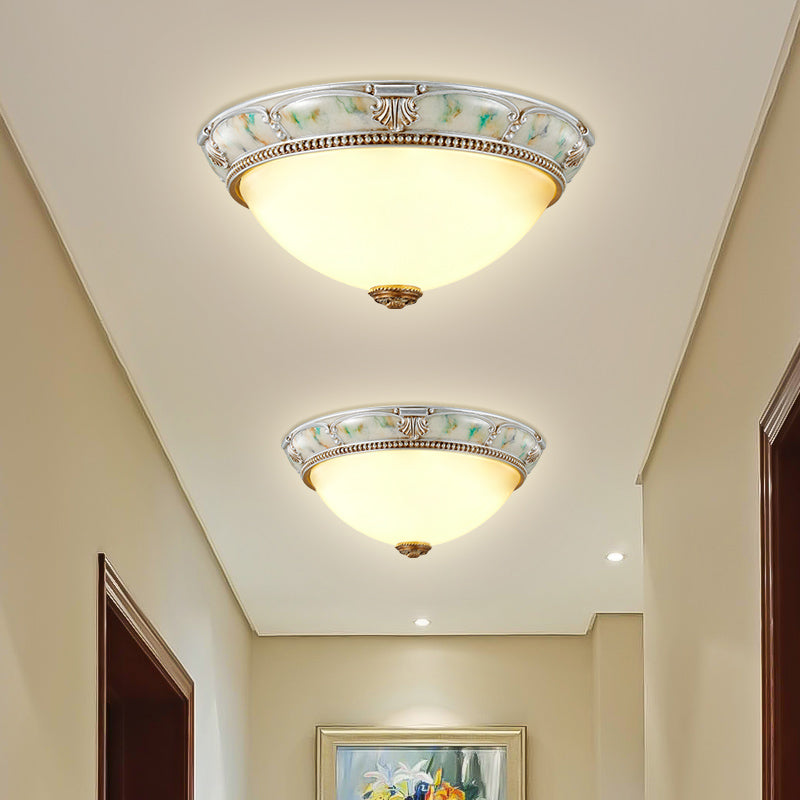 Ivory Glass Flushmount Traditional Corridor Light - 1 Head, Silver Dome, 11"/15"/19" Diameter