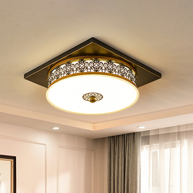 Opaline Glass LED Ceiling Light Fixture in Traditional Black Drum Design - 12"/16"/19.5