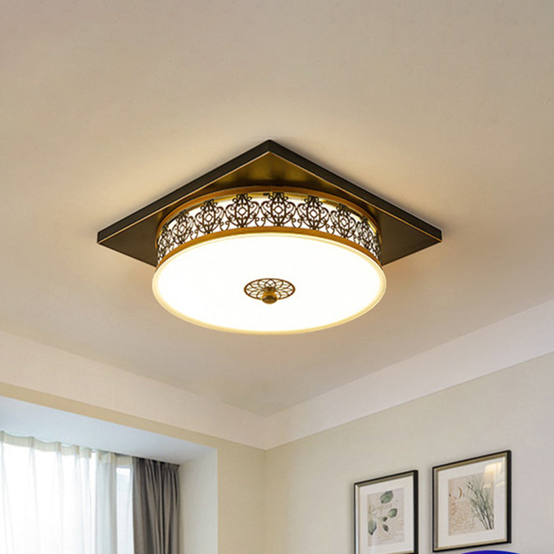 Opaline Glass LED Ceiling Light Fixture in Traditional Black Drum Design - 12"/16"/19.5