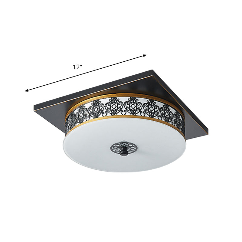 Opaline Glass LED Ceiling Light Fixture in Traditional Black Drum Design - 12"/16"/19.5