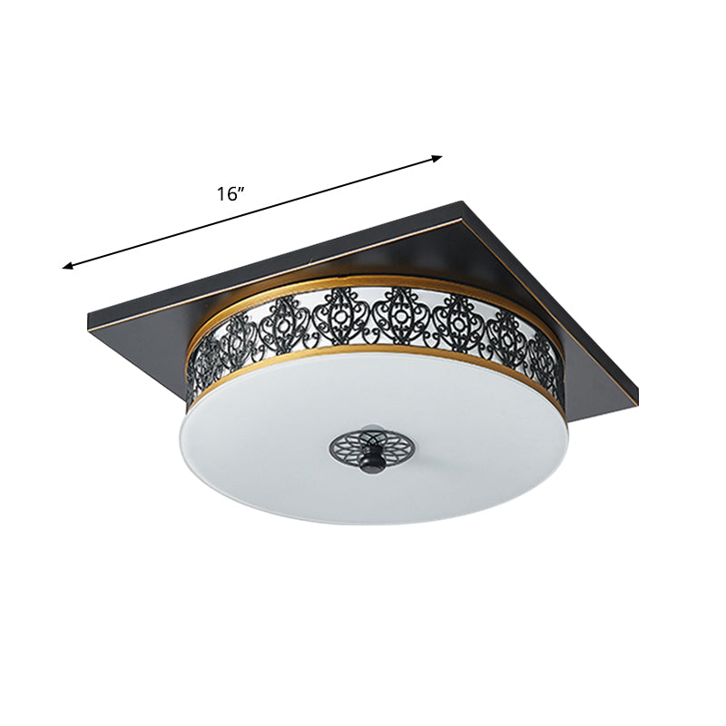 Opaline Glass LED Ceiling Light Fixture in Traditional Black Drum Design - 12"/16"/19.5