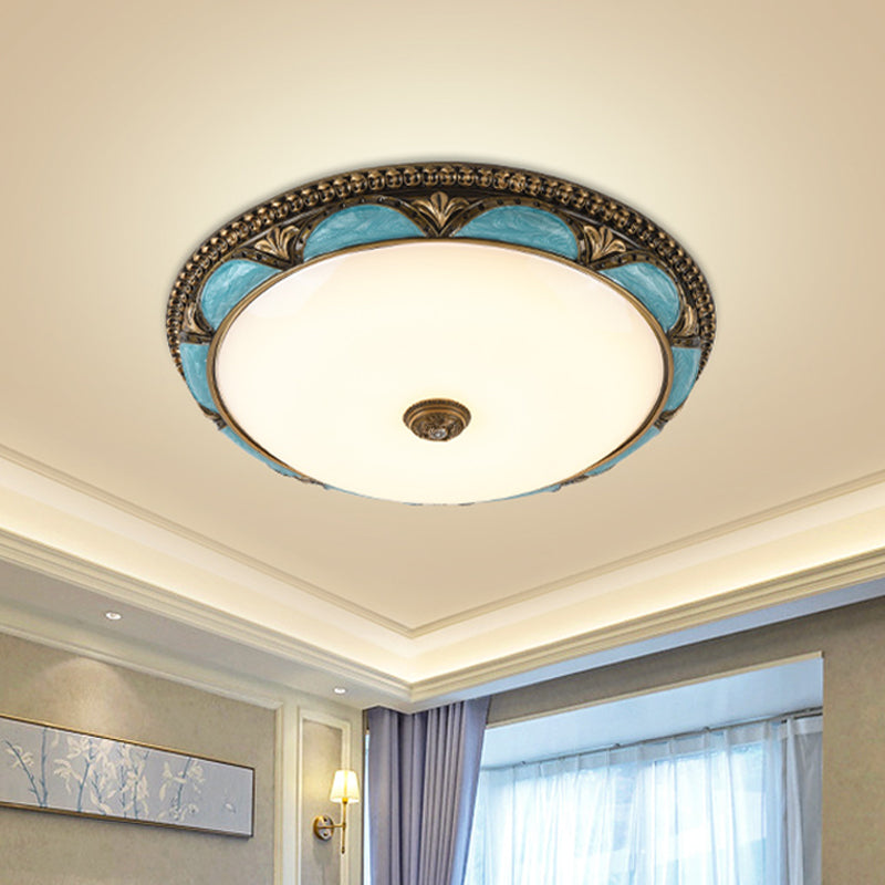 Plafonnier à fleurs bleu de style antique - Montage encastré à LED en verre crème pour chambre à coucher