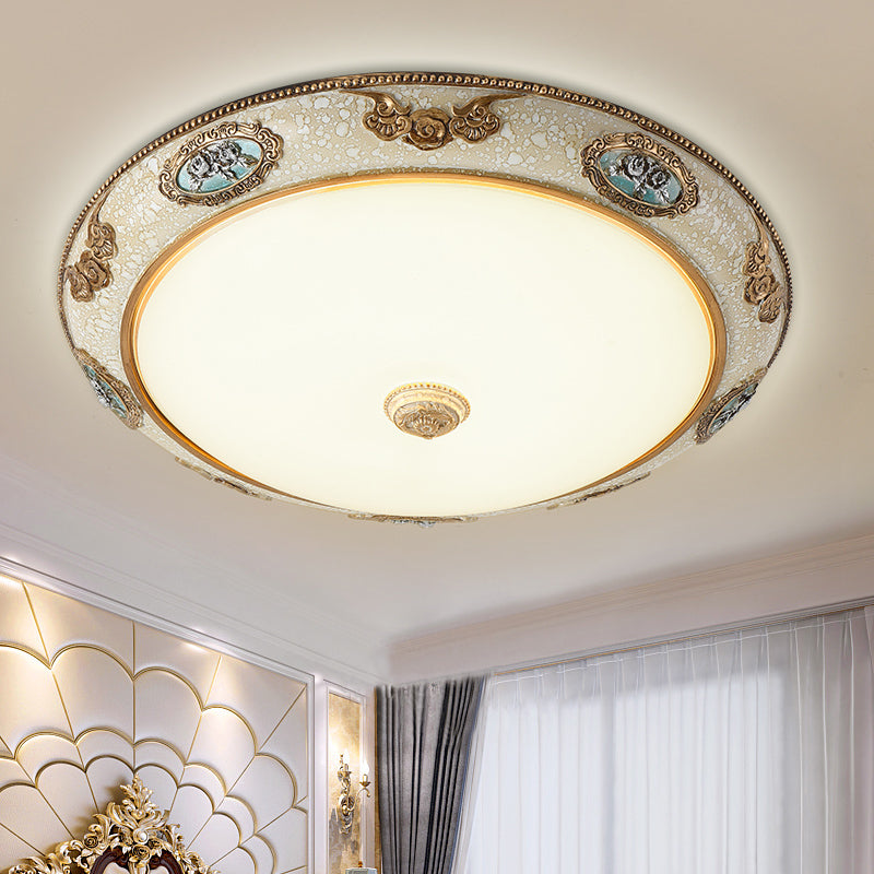 Retro Style Dome Opal Glass Flush Mount LED Bedroom Ceiling Light Fixture - Gold Finish, Warm/White Light - 13"/16"/19.5