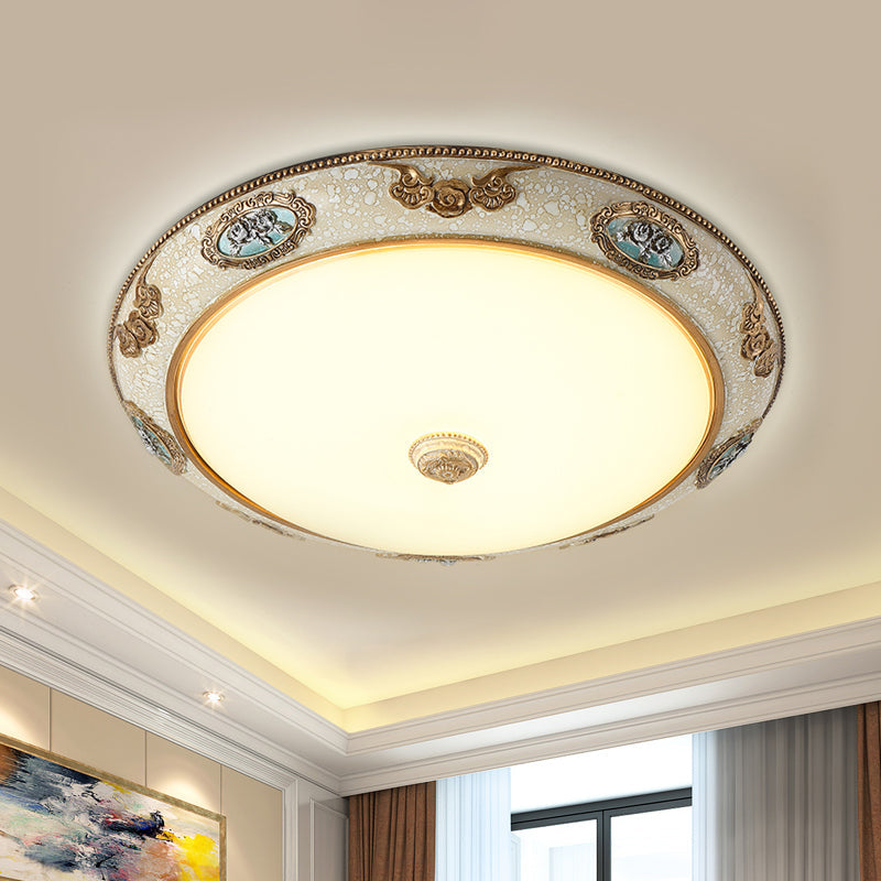 Retro Style Dome Opal Glass Flush Mount LED Bedroom Ceiling Light Fixture - Gold Finish, Warm/White Light - 13"/16"/19.5