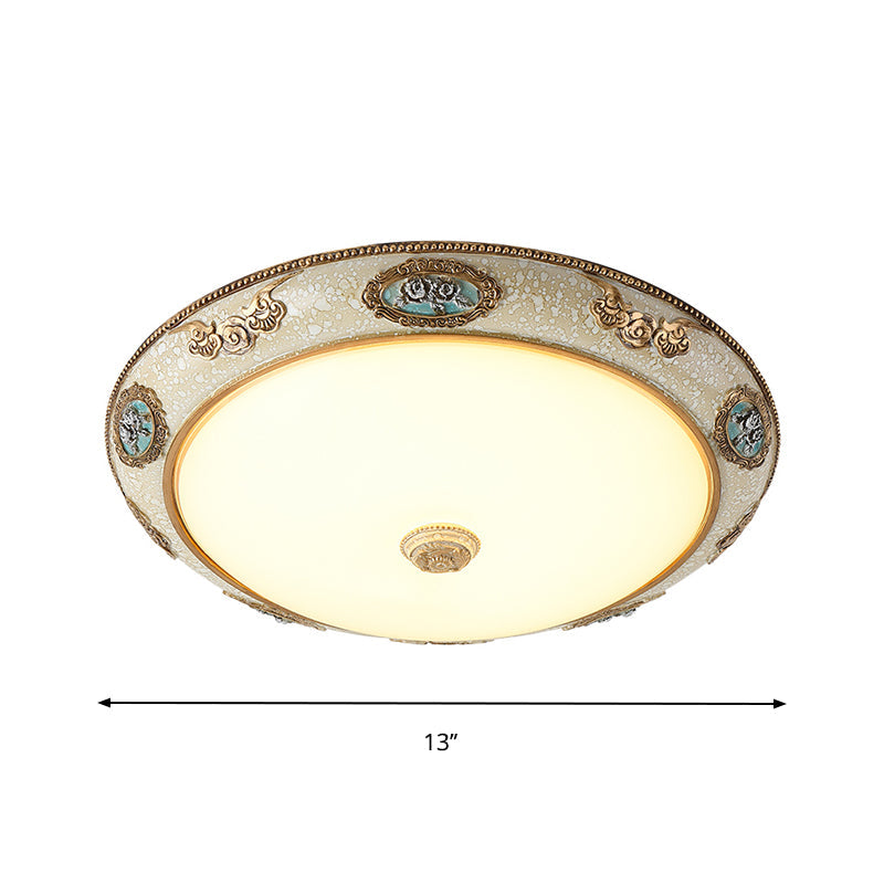 Retro Style Dome Opal Glass Flush Mount LED Bedroom Ceiling Light Fixture - Gold Finish, Warm/White Light - 13"/16"/19.5