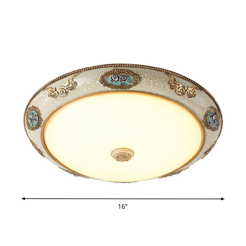 Retro Style Dome Opal Glass Flush Mount LED Bedroom Ceiling Light Fixture - Gold Finish, Warm/White Light - 13"/16"/19.5