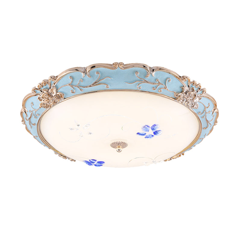 Vintage LED Flush Mount Light with Floral Shade and Opaque Glass - 13"/16"/19.5" Wide, Light Blue Color, Warm/White Lighting for Bedroom Ceiling