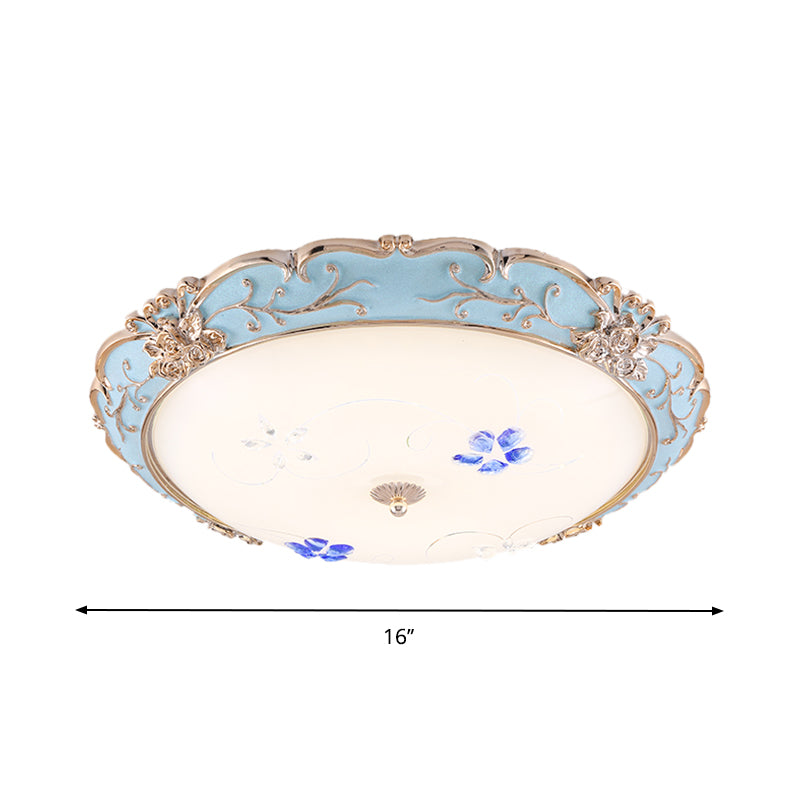 Vintage LED Flush Mount Light with Floral Shade and Opaque Glass - 13"/16"/19.5" Wide, Light Blue Color, Warm/White Lighting for Bedroom Ceiling