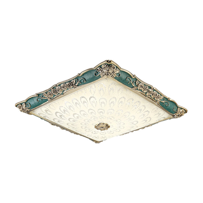 Antique Opaque Glass LED Square Flush Mount Light - Pink/Green Bedroom Ceiling Lamp