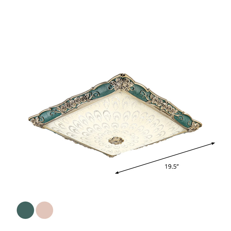 Antique Opaque Glass LED Square Flush Mount Light - Pink/Green Bedroom Ceiling Lamp