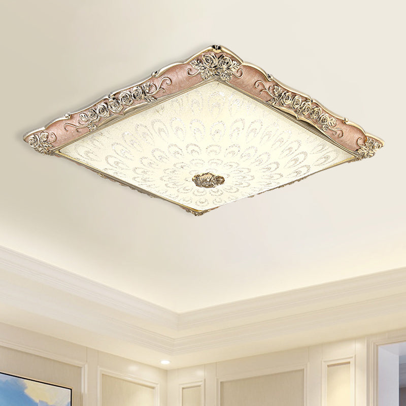 Antique Opaque Glass LED Square Flush Mount Light - Pink/Green Bedroom Ceiling Lamp