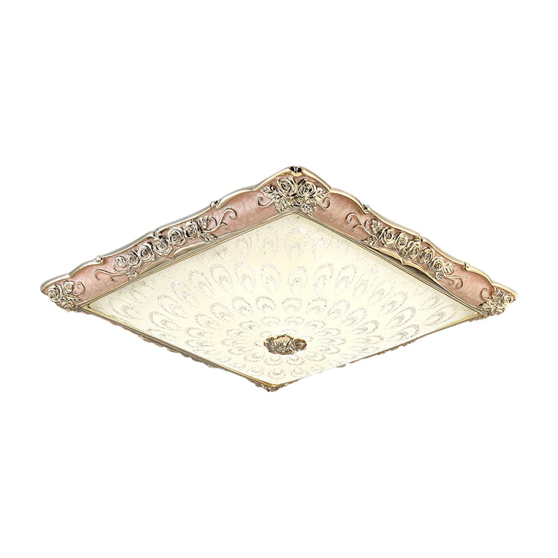 Antique Opaque Glass LED Square Flush Mount Light - Pink/Green Bedroom Ceiling Lamp