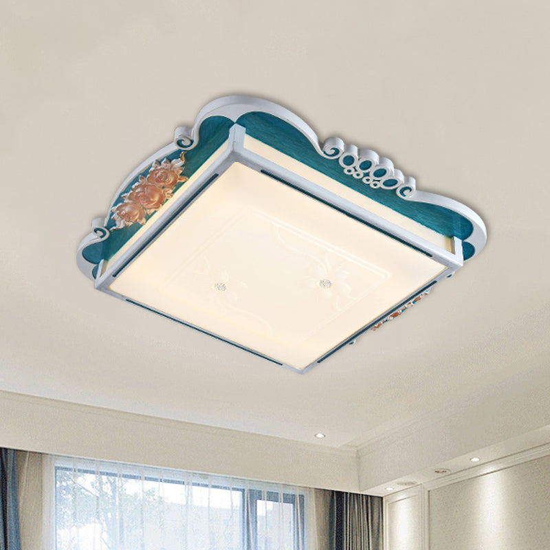 LED Acrylic Square Design Traditional Style Flush Mount Bedroom Ceiling Light with Carved Flower - Brown/Blue