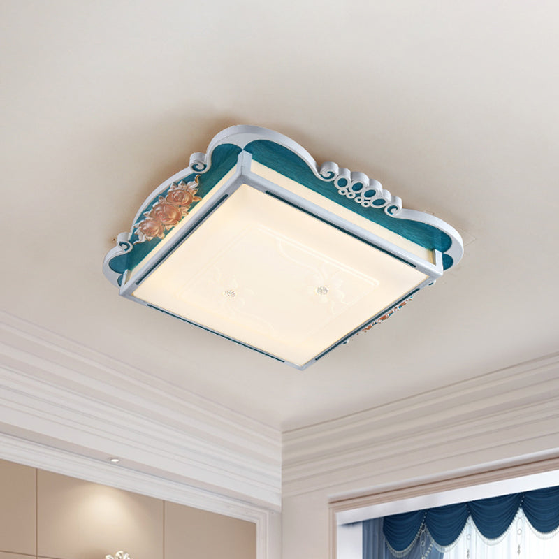 LED Acrylic Square Design Traditional Style Flush Mount Bedroom Ceiling Light with Carved Flower - Brown/Blue