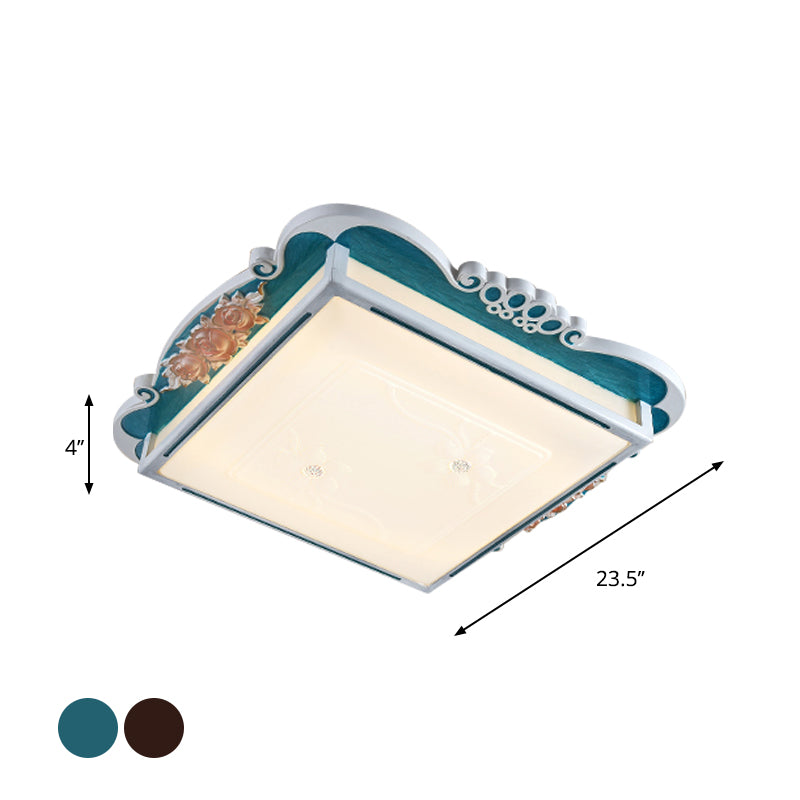 LED Acrylic Square Design Traditional Style Flush Mount Bedroom Ceiling Light with Carved Flower - Brown/Blue