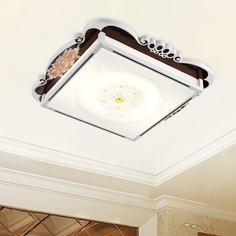 LED Acrylic Square Design Traditional Style Flush Mount Bedroom Ceiling Light with Carved Flower - Brown/Blue