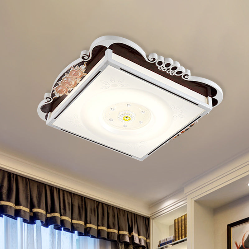 LED Acrylic Square Design Traditional Style Flush Mount Bedroom Ceiling Light with Carved Flower - Brown/Blue