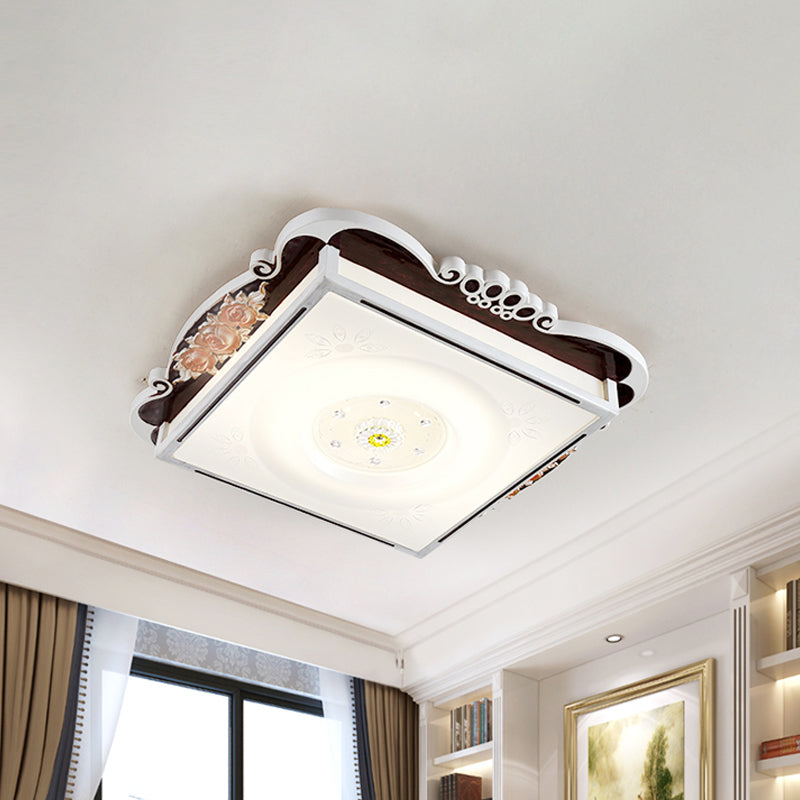 LED Acrylic Square Design Traditional Style Flush Mount Bedroom Ceiling Light with Carved Flower - Brown/Blue