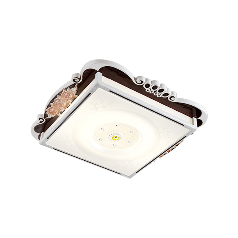 LED Acrylic Square Design Traditional Style Flush Mount Bedroom Ceiling Light with Carved Flower - Brown/Blue
