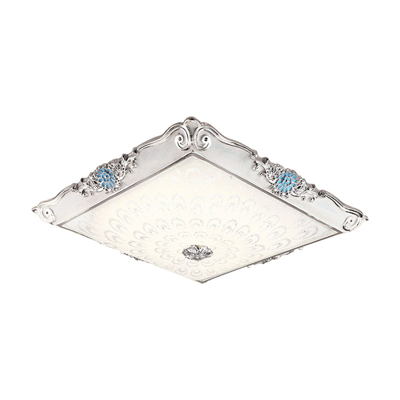 Retro Style Square Flushmount LED Ceiling Light with Cream Glass and Blue Glow for Bedrooms
