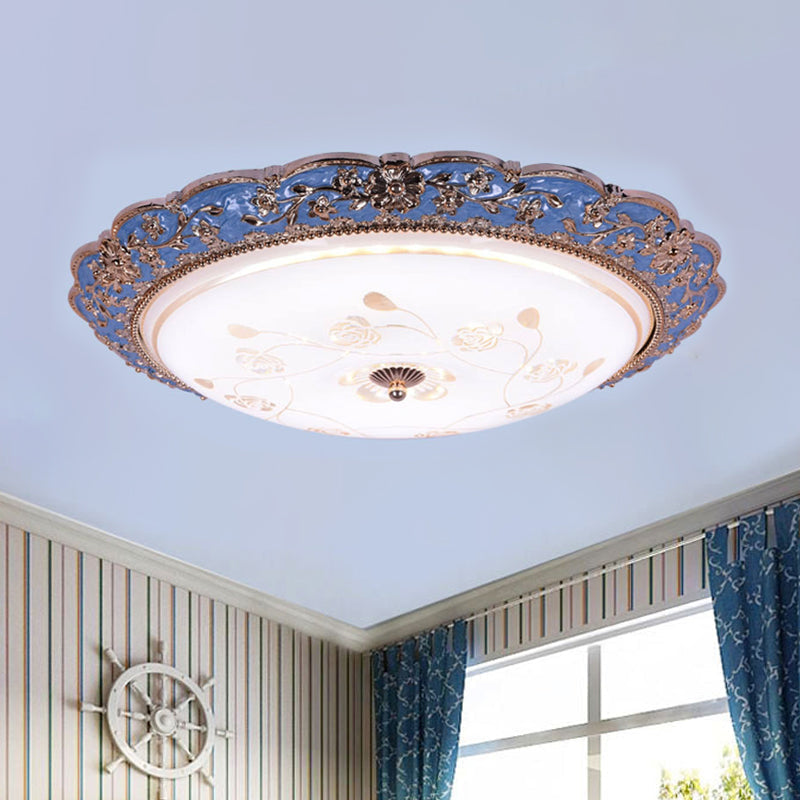 Modern LED Ceiling Mount Fixture with Blue Finish and Textured Glass - Warm/White Light, 14"/16"/20" Wide
