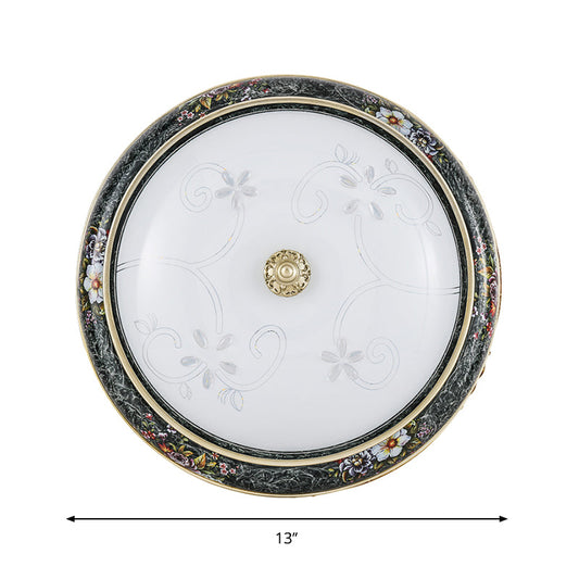 Veined Glass Led Flushmount With Bowl Shade In Black And Gold: Traditional Bedroom Lighting 3 Sizes