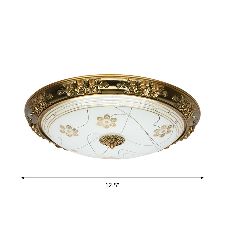 Farmhouse Textured Glass Bowl Flushmount - Led Bedroom Flush Mount Lighting In Gold With Warm/White