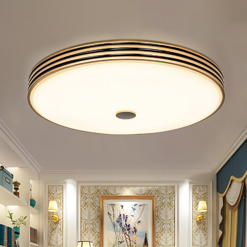 Gold Flush Traditional LED Bedroom Lamp - Cream Glass Drum Ceiling Flush