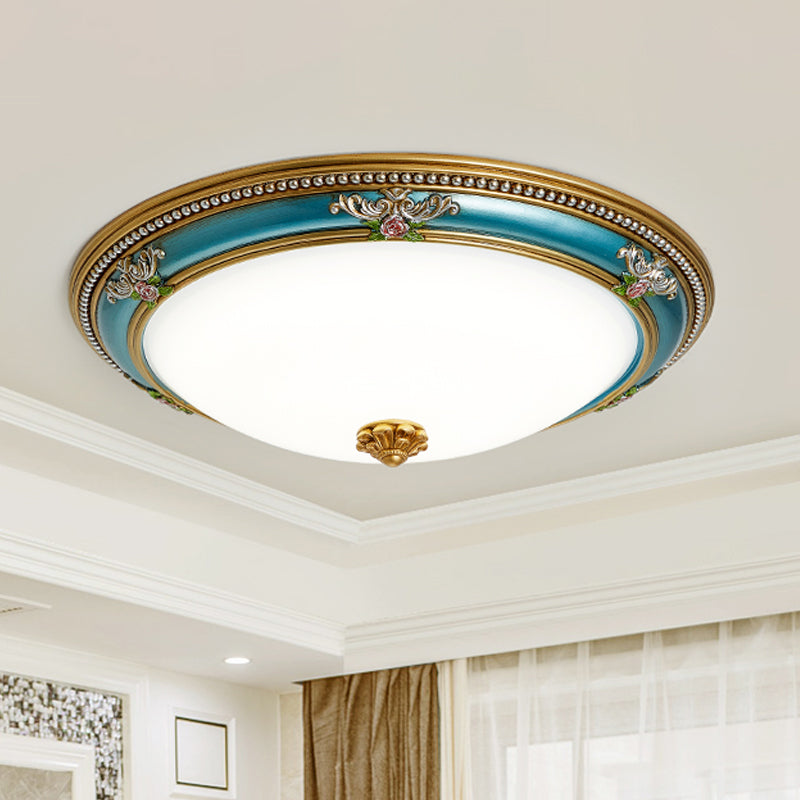 LED Flush Ceiling Lighting - Blue Glass Dome Shade, Farmhouse Style Bedroom Flush Mount, 15"/18"/20.5" Width